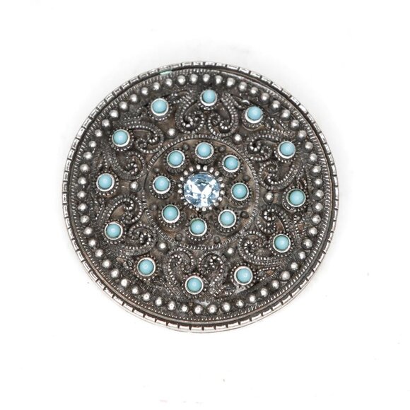 Vintage Celtic Circle Antiqued Silver Pendant Blue Turquoise Stones Gems Round - Picture 1 of 8